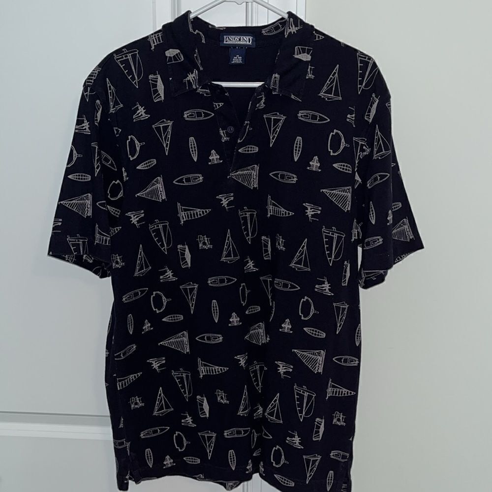 Lands’ End Vintage Print Sailboat Sailing Yacht Schooner SS Golf Polo Shirt M